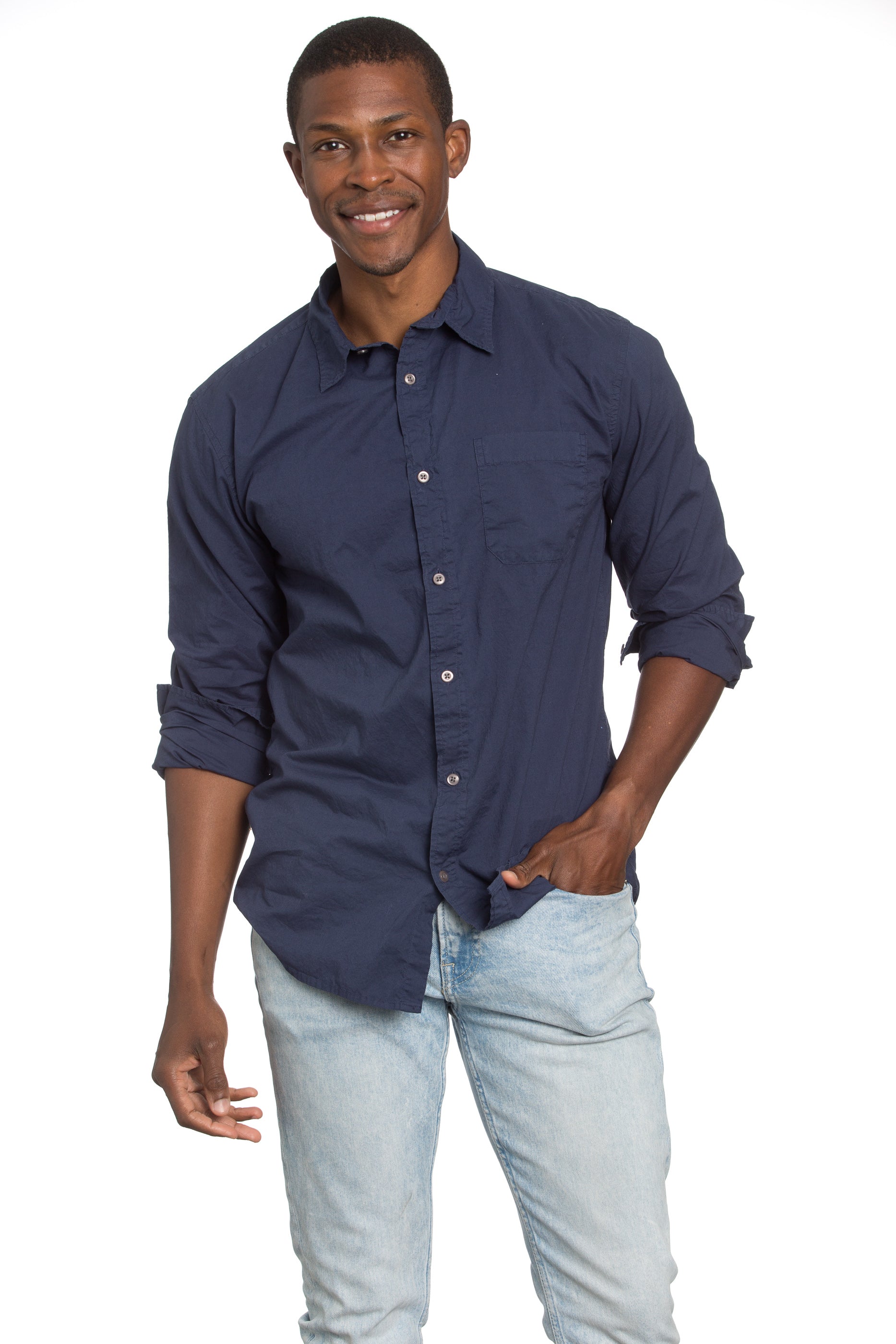 White jeans and fashion navy blue shirt